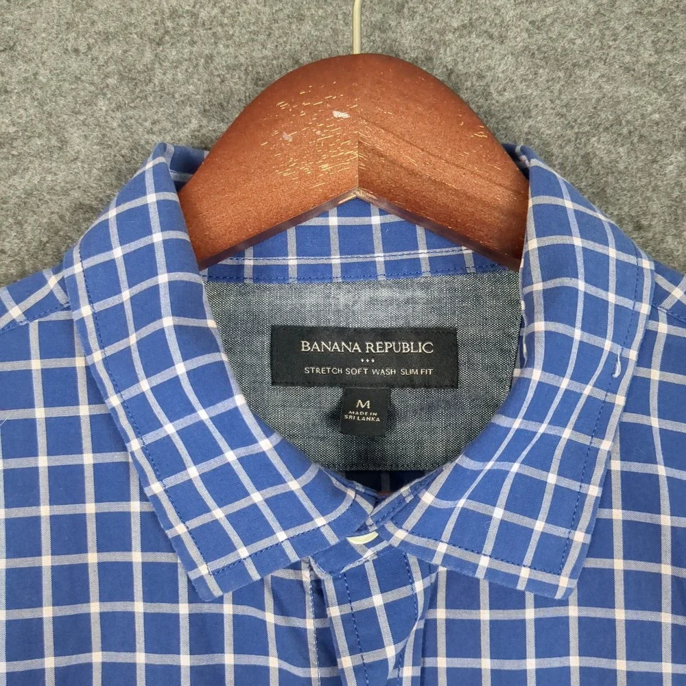 Banana Republic Mens M‎ Blue White Check Stretch Soft Wash Slim Fit Button Shirt